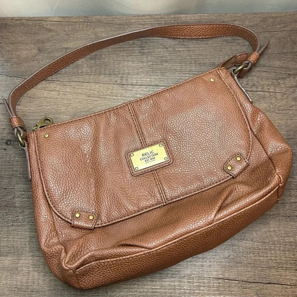 Relic Collection Faux Brown Leather Pebble Texture Satchel
